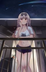 Rule 34 | 1girl, :3, absurdres, bad id, bad pixiv id, balcony, bare shoulders, black shorts, breasts, cleavage, commission, crop top, dolphin shorts, from below, grey hair, hand up, highres, long hair, looking at viewer, looking down, midriff, navel, night, off shoulder, original, red eyes, shirt, shooting star, short shorts, short sleeves, shorts, sleep mask, smile, solo, soriham, stomach, thighs, white shirt