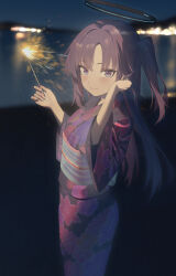 Rule 34 | 1girl, absurdres, alternate costume, blue archive, blurry, blurry background, blush, fireworks, floral print, halo, highres, holding, holding fireworks, japanese clothes, kimono, looking at viewer, mr-shin, night, obi, outdoors, purple eyes, purple hair, sash, smile, solo, sparkler, wide sleeves, yukata, yuuka (blue archive)