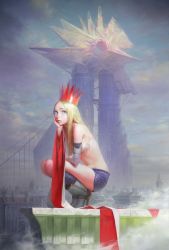 Rule 34 | 1girl, asymmetrical clothes, bandaged arm, bandages, blonde hair, blue eyes, boots, bra, bridge, building, cityscape, cloud, crown, day, detached sleeves, expressionless, fog, from side, head rest, high heel boots, high heels, highres, kneehighs, lips, long hair, looking at viewer, midriff, nababa, navel, original, outdoors, pale skin, parted bangs, pinstripe pattern, realistic, rooftop, sash, shorts, single strap, sky, socks, solo, spire, squatting, striped clothes, striped socks, thighs, tower, underwear, white footwear