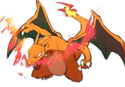 Rule 34 | black eyes, blurry, breath weapon, breathing fire, charizard, claws, creatures (company), fangs, fire, flame-tipped tail, game freak, gen 1 pokemon, morio (poke orio), nintendo, no humans, open mouth, pokemon, pokemon (creature), simple background, solo, white background
