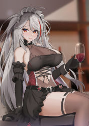 Rule 34 | 1girl, absurdres, azur lane, bare shoulders, blush, breasts, clothing cutout, cross, cup, dress, drinking glass, gloves, highres, holding, iron cross, j yak47, large breasts, long hair, maid headdress, mole, mole on breast, navel, navel cutout, official alternate costume, prinz eugen (azur lane), prinz eugen (kindred evening spirits) (azur lane), red hair, white hair, wine glass, yellow eyes