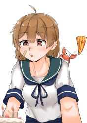 Rule 34 | 1girl, ahoge, animal, animal on shoulder, bandaid, bandaid on face, bent over, breasts, brown eyes, brown hair, cake, candle, commentary request, crab, food, fruit, highres, kantai collection, medium breasts, oboro (kancolle), school uniform, serafuku, solo, strawberry, takasugi heppu, upper body