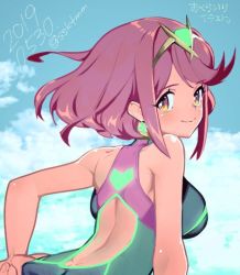 Rule 34 | 1girl, breasts, cleavage, competition swimsuit, gem, hair ornament, headpiece, jewelry, large breasts, looking at viewer, nintendo, one-piece swimsuit, pyra (pro swimmer) (xenoblade), pyra (xenoblade), red eyes, red hair, sasaki tomomi, short hair, solo, swimsuit, tiara, xenoblade chronicles (series), xenoblade chronicles 2