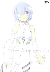 Rule 34 | 1girl, ayanami rei, bandages, bandage over one eye, blue hair, cast, eyepatch, female focus, head tilt, highres, matsuda98, neon genesis evangelion, non-web source, pale color, plugsuit, red eyes, short hair, sketch, sleeveless, solo, white background