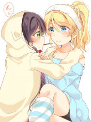 Rule 34 | 2girls, animal hood, ayase eli, blonde hair, blue eyes, blush, cat hood, collarbone, commentary request, food, frown, green eyes, hair between eyes, hair ornament, hair scrunchie, hairband, hands on another&#039;s shoulders, hood, hood up, hoodie, long hair, looking at another, loose socks, love live!, love live! school idol festival, love live! school idol project, mogu (au1127), mouth hold, multiple girls, off shoulder, pocky, pocky kiss, ponytail, purple eyes, scrunchie, shared food, sidelocks, simple background, sitting, sitting on lap, sitting on person, socks, striped clothes, striped legwear, striped socks, tojo nozomi, v-shaped eyebrows, white background, white scrunchie, yellow hoodie, yuri