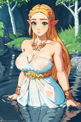 Rule 34 | 1girl, alternate breast size, bare shoulders, blonde hair, blush, braid, breasts, cleavage, covered erect nipples, crown braid, dress, grass, green eyes, hair ornament, hairclip, jewelry, large breasts, long hair, looking at viewer, nikichen, nintendo, official alternate costume, outdoors, parted bangs, parted lips, partially submerged, pointy ears, princess zelda, rock, sidelocks, sleeveless, solo, the legend of zelda, the legend of zelda: breath of the wild, water, wet, wet clothes, wet dress, white dress