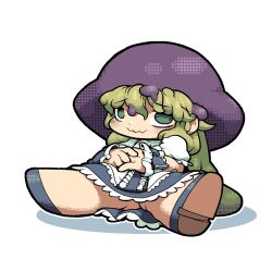 Rule 34 | 1girl, bags under eyes, black skirt, blonde hair, blush, chibi, closed mouth, commentary request, cookie (touhou), frilled skirt, frills, full body, green eyes, hair between eyes, highres, kirisame marisa, leaning back, long hair, looking at viewer, mars (cookie), medium bangs, melting, own hands together, puffy short sleeves, puffy sleeves, purple headwear, shirt, short sleeves, simple background, skirt, smile, solo, tonchamon san, touhou, wavy mouth, white background, white shirt, wrist cuffs