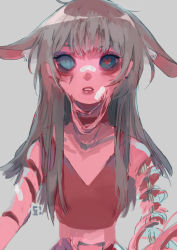 Rule 34 | 1girl, animal ears, bandaid, bandaid on arm, bandaid on cheek, bandaid on face, bandaid on nose, blue eyes, bone, commentary, english commentary, grey background, guro, heart, heart-shaped pupils, highres, k1ruse, looking at viewer, original, simple background, solo, symbol-shaped pupils