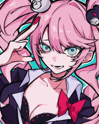 Rule 34 | 1girl, absurdres, bear hair ornament, black bra, black shirt, bow, bra, breasts, cleavage, collarbone, danganronpa: trigger happy havoc, danganronpa (series), enoshima junko, green background, green eyes, hair ornament, highres, large breasts, nail polish, outline, pink hair, poa poa05, red bow, red nails, shirt, smile, solo, teeth, twintails, underwear, upper body, white outline