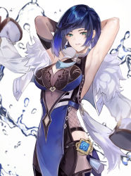 Rule 34 | 1girl, absurdres, armpits, arms behind head, arms up, bad id, bad pixiv id, black gloves, blue dress, blue hair, blunt bangs, bob cut, breasts, commentary, cowboy shot, diagonal bangs, dice, dress, earrings, elbow gloves, feather-trimmed jacket, fishnets, genshin impact, gloves, green eyes, highres, jacket, jacket on shoulders, jewelry, kou (184756o), large breasts, looking at viewer, multicolored hair, neck tassel, parted lips, pelvic curtain, short hair, single elbow glove, single glove, sleeveless, sleeveless dress, solo, standing, two-tone hair, vision (genshin impact), water, water drop, white background, white jacket, yelan (genshin impact)