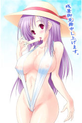 Rule 34 | 1girl, blush, breasts, covered erect nipples, curvy, food, hat, large breasts, licking, long hair, messy, nipples, one-piece swimsuit, original, pink eyes, pinky out, popsicle, purple hair, sexually suggestive, slingshot swimsuit, solo, sun hat, sweat, swimsuit, tongue, translated, very long hair, white one-piece swimsuit, yameta takashi, zanshomimai