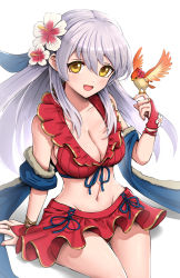 Rule 34 | 1girl, :d, bare shoulders, bikini, bikini skirt, bird, bird on hand, blue scarf, breasts, cleavage, collarbone, fire emblem, fire emblem: radiant dawn, fire emblem heroes, flower, gloves, gonzarez, grey hair, groin, hair flower, hair ornament, hair ribbon, highres, large breasts, long hair, looking at viewer, micaiah (fire emblem), micaiah (summer) (fire emblem), miniskirt, nintendo, official alternate costume, open mouth, red bikini, red gloves, ribbon, scarf, simple background, skirt, smile, solo, swimsuit, white background, yellow eyes, yune (fire emblem)