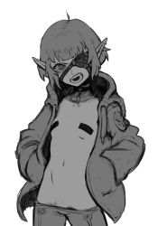 Rule 34 | 1girl, absurdres, ahoge, angry, belly, breasts, choker, cosplay, ear piercing, earrings, elf, eyepatch, female pubic hair, greyscale, hands in pockets, highres, hood, hood down, hoodie, jacket, jewelry, looking at another, monochrome, navel, neon genesis evangelion, open clothes, open hoodie, open mouth, original, pasties, piercing, plugsuit, pointy ears, pubic hair, pubic hair peek, rebuild of evangelion, short hair, simple background, small breasts, solo, souryuu asuka langley, souryuu asuka langley (cosplay), tape, tape on nipples, teeth, vile domple, white background