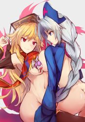 Rule 34 | 3girls, animal ears, ass, between breasts, blonde hair, blue eyes, bottomless, braid, breast press, breasts, brown legwear, closed mouth, detached sleeves, eye contact, hand up, hat, highres, junko (touhou), large breasts, long hair, long sleeves, looking at another, mini person, minigirl, multiple girls, naked tabard, navel, nurse cap, o o, open mouth, purple hair, rabbit ears, red eyes, red neckwear, reisen udongein inaba, satou rin (gobugabuge), sideboob, sidelocks, silver hair, single braid, symmetrical docking, tabard, tavard, thighhighs, touhou, very long hair, wide hips, yagokoro eirin