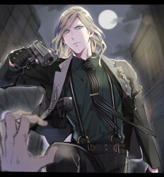 Rule 34 | 1boy, aiming, aiming at viewer, black gloves, black jacket, black necktie, black pants, blonde hair, blue eyes, blurry, building, camus (uta no prince-sama), closed mouth, cloud, collared shirt, cowboy shot, depth of field, full moon, glint, gloves, green shirt, gun, handgun, holding, holding gun, holding weapon, holster, jacket, lapel pin, male focus, medium hair, moon, necktie, night, official alternate costume, open clothes, open jacket, ougi kairi, pants, pov, pov hands, serious, shirt, shoulder holster, solo focus, stepped on, striped necktie, suspenders, sweatdrop, swept bangs, tie clip, uta no prince-sama, uta no prince-sama: shining live, weapon