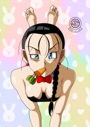 Rule 34 | 1girl, animal costume, barefoot, black hair, blue eyes, bow, bowtie, braid, braided ponytail, breasts, carrot, cleavage, dragon ball, dragon ball gt, dragonball z, feet, leotard, medium breasts, playboy bunny, puyasawyer, rabbit costume, rabbit ears, red bow, red bowtie, soles, toes, videl, watermark
