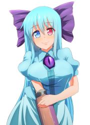 Rule 34 | 1girl, :3, arm cannon, blue eyes, blue hair, blue shirt, blue skirt, bow, breasts, color switch, cowboy shot, female focus, hair bow, heterochromia, highres, large breasts, long hair, long skirt, looking at viewer, matching hair/eyes, puffy short sleeves, puffy sleeves, purple eyes, red eyes, reiuji utsuho, shirt, short sleeves, simple background, skirt, smile, solo, tatara kogasa, third eye, touhou, very long hair, weapon, white background, yocchi (tenyunkel)