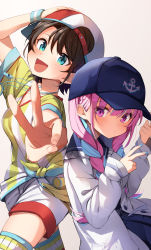 Rule 34 | 2girls, alternate costume, anchor symbol, backwards hat, blue eyes, blue nails, blunt bangs, blush, braid, breasts, brown hair, colored inner hair, commentary request, cowboy shot, french braid, hand on headwear, hand up, hat, highres, hololive, jacket, jersey, long sleeves, looking at viewer, medium breasts, minato aqua, multicolored hair, multiple girls, nail polish, oozora subaru, oozora subaru (1st costume), open mouth, pink eyes, pink hair, shirt, short sleeves, shorts, sidelocks, simple background, soccer uniform, sportswear, striped clothes, striped shirt, summer tail720, tan background, thighhighs, tied shirt, twin braids, two-tone hair, upper body, v, virtual youtuber, white jacket, white shirt, white shorts, yellow shirt