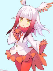 Rule 34 | 10s, 1girl, bad id, bad pixiv id, bird tail, bird wings, blush, buttons, commentary request, cowboy shot, frilled sleeves, frills, fur collar, gloves, gradient hair, hand on own chest, head wings, japanese crested ibis (kemono friends), kemono friends, long sleeves, multicolored hair, neck ribbon, o hamachi, pantyhose, pleated skirt, red hair, ribbon, short hair, sidelocks, skirt, solo, tail, white hair, wings