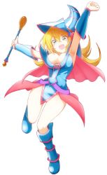 Rule 34 | 1girl, armpits, arms up, blonde hair, breasts, cleavage, dark magician girl, green eyes, hat, highres, large breasts, long hair, showgirl skirt, solo, staff, vambraces, wizard hat, yoosai, yu-gi-oh!