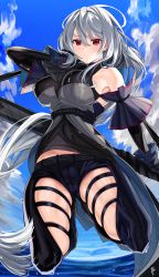Rule 34 | 1girl, arknights, arm up, b:ga, bad id, bad pixiv id, bare shoulders, belt, black gloves, black pants, breasts, clothing cutout, day, detached sleeves, gloves, grey hair, hair between eyes, highres, large breasts, long hair, looking at viewer, pants, red eyes, skadi (arknights), skadi (elite ii) (arknights), skindentation, sky, solo, sword, thigh cutout, very long hair, water, weapon, wet