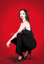 Rule 34 | 1girl, bad id, bad twitter id, black footwear, black hair, black jumpsuit, blackpink, commentary, eidilic, eyeshadow, high heels, highres, jennie (blackpink), jewelry, jumpsuit, korean commentary, long hair, looking at viewer, makeup, necklace, red background, red lips, shadow, simple background, solo, squatting