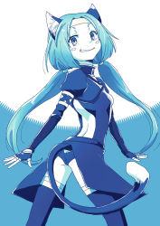 Rule 34 | 1girl, animal ears, ass, blue hair, blue theme, breasts, cat ears, cat tail, fingerless gloves, from behind, gloves, headband, long hair, looking at viewer, low twintails, meracle chamlotte, panties, smile, solo, star ocean, star ocean the last hope, tail, thighhighs, twintails, underwear, yuiki wakana