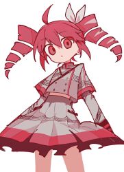 Rule 34 | 1girl, ahoge, drill hair, highres, kasane teto, long sleeves, looking at viewer, odayaka, open mouth, pink hair, red eyes, red hair, shirt, simple background, skirt, solo, twin drills, twintails, utau