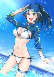 Rule 34 | 1girl, absurdres, artoria pendragon (fate), bikini, black hair, blue eyes, blue headwear, blue jacket, blue sky, breasts, cleavage, cloud, commentary request, cosplay, cropped jacket, day, dutch angle, fate/grand order, fate (series), gluteal fold, highres, horizon, idolmaster, idolmaster cinderella girls, jacket, lens flare, long hair, looking at viewer, mabanna, medium breasts, mysterious heroine xx (fate), mysterious heroine xx (fate) (cosplay), nanjo hikaru, ocean, aged up, outdoors, ponytail, salute, side-tie bikini bottom, sky, soaking feet, solo, standing, swimsuit, wading, white bikini