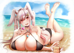 Rule 34 | 1girl, animal ears, ass, beach, bikini, black bikini, breasts, bright pupils, rabbit ears, rabbit tail, candy, candy hair ornament, chomikuplus, commission, feet up, food, food-themed hair ornament, hair ornament, halterneck, highres, huge breasts, lollipop, long hair, lying, multicolored hair, o-ring, o-ring bikini, ocean, on stomach, open mouth, original, red eyes, smile, solo, streaked hair, swimsuit, tail, the pose, treasure chest, twintails, very long hair, white hair