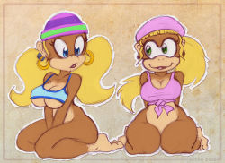 Rule 34 | 2girls, ape, arms behind back, barefoot, beanie, beret, blonde hair, blue eyes, bottomless, breasts, cleavage, clothes, dixie kong, donkey kong (series), donkey kong 64, donkey kong country, donkey kong country 2, earrings, furry, furry female, green eyes, hat, hoop earrings, jewelry, lipstick, long hair, makeup, multiple girls, navel, nintendo, nitro, no bra, no panties, no pants, ponytail, seiza, shirt, sitting, smile, tank top, tied shirt, tiny kong, twintails, underboob, v arms