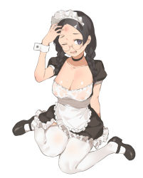 Rule 34 | 1girl, 2l (2lsize), arm up, black footwear, black hair, braid, breasts, bruise, cleavage, covered erect nipples, forehead, frills, full body, highres, injury, long hair, looking at viewer, maid, maid headdress, mary janes, medium breasts, nipples, open mouth, original, purple eyes, see-through, shoes, short sleeves, simple background, sitting, solo, thighhighs, twin braids, wariza, white background, white thighhighs, wrist cuffs