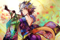 Rule 34 | 1girl, ass, bare shoulders, blue eyes, bridal gauntlets, dragon girl, dragon tail, facial mark, floral print, gradient background, hair between eyes, hair ornament, heterochromia, highres, horns, japanese clothes, kaede (p&amp;d), kimono, long sleeves, mi bait, obi, off shoulder, pointy ears, puzzle &amp; dragons, sash, scales, short hair, silver hair, solo, tail, wide sleeves, yellow eyes
