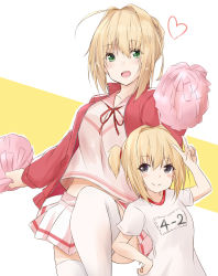 Rule 34 | 2girls, ahoge, alternate costume, black eyes, blonde hair, breasts, cheerleader, commentary request, fate/grand order, fate (series), green eyes, gym uniform, hair between eyes, heart, highres, jacket, looking at viewer, miniskirt, mother and daughter, multiple girls, neck ribbon, nero claudius (fate), nero claudius (fate) (all), nero claudius (fate/extra), nero claudius (olympian bloomers) (fate), official alternate costume, open mouth, pleated skirt, pom pom (cheerleading), ribbon, saku (kudrove), school uniform, shirt, short sleeves, skirt, track jacket, white legwear, white shirt