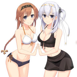 Rule 34 | 2girls, akahi242, arched back, bikini, bikini under clothes, blush, braid, breasts, brown hair, cleavage, closed mouth, clothes writing, cowboy shot, eyes visible through hair, front-tie bikini top, front-tie top, hair between eyes, hair ornament, headband, highres, holding hands, interlocked fingers, kantai collection, legs together, long hair, looking at viewer, medium breasts, micro shorts, multiple girls, purple eyes, see-through, shorts, side-tie bikini bottom, silver hair, simple background, small breasts, smile, standing, string bikini, suzutsuki (kancolle), swimsuit, teruzuki (kancolle), twintails, white background, white bikini