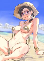 Rule 34 | 1girl, ass, bare shoulders, beach, bikini, black hair, blue sky, blush, bracelet, breasts, cleft of venus, cloud, covered erect nipples, earrings, hat, highres, jewelry, long hair, looking at viewer, navel, necklace, original, outdoors, ponytail, pussy, pussy peek, shiwasu no okina, sitting, sky, smile, solo, spread legs, sunglasses, swimsuit, yellow bikini