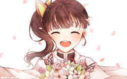 Rule 34 | 1girl, :d, ^ ^, bad id, bad pixiv id, black shirt, blunt bangs, bouquet, brown hair, bug, butterfly, butterfly hair ornament, cape, closed eyes, flower, hair ornament, happy, holding, holding bouquet, insect, kimetsu no yaiba, open mouth, petals, pink flower, sesamin, shirt, side ponytail, sidelocks, smile, solo, tsuyuri kanao, twitter username, upper body, white cape, white flower