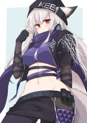 Rule 34 | 1girl, absurdres, animal ears, arknights, closed mouth, crop top, ears through headwear, fox ears, fox girl, frostleaf (arknights), frostleaf (breaking the ice) (arknights), highres, long hair, looking at viewer, maiq06, midriff, navel, official alternate costume, purple shirt, red eyes, shirt, solo, white hair, woollen cap