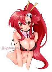 Rule 34 | 1girl, angie bunnie, bikini, bikini top only, breasts, cleavage, hair ornament, highres, large breasts, long hair, navel, ponytail, red hair, scarf, skull hair ornament, solo, striped clothes, striped scarf, swimsuit, tengen toppa gurren lagann, yellow eyes, yoko littner