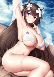 Rule 34 | 1girl, animal ears, arm up, armpits, artist name, azur lane, bikini, blush, breasts, brown hair, cleavage, closed mouth, collarbone, covered erect nipples, cow ears, cow girl, cow horns, cow tail, detached sleeves, finger to mouth, flower, hair flower, hair ornament, highres, horns, huge breasts, kashino (azur lane), kashino (hot springs relaxation) (azur lane), large breasts, long hair, looking at viewer, lying, navel, on side, purple eyes, signature, smile, solo, swimsuit, tail, thigh strap, thighs, very long hair, white bikini, white flower, wsman