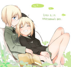 Rule 34 | 2girls, ^ ^, barefoot, blonde hair, blue eyes, blush, book, character name, closed eyes, dated, erica hartmann, feet, glasses, grin, hand on another&#039;s head, heart, military, military uniform, multiple girls, sandwich (artist), short hair, siblings, sisters, sitting, sitting on lap, sitting on person, smile, strike witches, strike witches: suomus misfits squadron, toes, tsuchii (ramakifrau), twins, uniform, ursula hartmann, world witches series