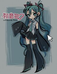 Rule 34 | 1girl, aqua eyes, aqua hair, black skirt, black thighhighs, boots, character name, collared shirt, commentary, cursor, detached sleeves, english commentary, feefal, hair between eyes, hatsune miku, high heel boots, high heels, highres, long hair, miniskirt, necktie, pleated skirt, shirt, simple background, skirt, sleeves past fingers, sleeves past wrists, smile, thigh boots, thighhighs, twintails, very long hair, very long sleeves, vocaloid, zettai ryouiki