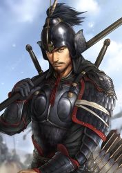 Rule 34 | 3boys, armor, arrow (projectile), black gloves, blue sky, blurry, blurry background, brown eyes, brown hair, day, facial hair, floral print, gloves, hand up, hat feather, helmet, highres, horseback riding, kevin.h, looking at viewer, male focus, multiple boys, mustache, nobunaga no yabou, outdoors, over shoulder, riding, scar, sky, solo focus