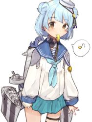 Rule 34 | 1girl, aqua skirt, artist request, blue hair, blue neckwear, blue sailor collar, brown eyes, closed mouth, cowboy shot, dixie cup hat, double bun, eighth note, eyebrows, hair bun, hat, kantai collection, legs apart, long sleeves, looking at viewer, machinery, medal, military hat, miniskirt, mouth hold, musical note, pleated skirt, sailor collar, samuel b. roberts (kancolle), school uniform, serafuku, shirt, short hair, simple background, skirt, sleeve cuffs, smile, solo, source request, speech bubble, spoken musical note, standing, star (symbol), striped, thigh strap, turret, whale, whistle, white background, white hat, white shirt