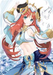 Rule 34 | 1girl, aqua eyes, arabian clothes, arm up, armpit crease, blue nails, blush, bracelet, breasts, brooch, commentary request, crop top, curled horns, eyelashes, gem, genshin impact, gold trim, harem outfit, highres, horns, jewelry, long hair, long sleeves, medium breasts, midriff, nail polish, narrow waist, navel, necklace, nilou (genshin impact), nyori, open mouth, pelvic curtain, puffy long sleeves, puffy sleeves, red hair, revealing clothes, side slit, skirt, smile, solo, sparkle, stomach, twitter username, upper body, veil, water