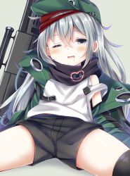 Rule 34 | 1girl, assault rifle, black shorts, black thighhighs, blush, bullpup, caseless firearm, commentary request, drooling, esureki, flat cap, g11 (girls&#039; frontline), girls&#039; frontline, green hat, green jacket, grey background, gun, h&amp;k g11, hair between eyes, half-closed eye, hat, head tilt, horizontal magazine, jacket, long hair, looking at viewer, name connection, object namesake, one eye closed, open clothes, open jacket, parted lips, personification, prototype design, rifle, saliva, shirt, short shorts, shorts, silver hair, sitting, smile, solo, spread legs, tank top, thighhighs, very long hair, weapon, white shirt