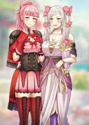 Rule 34 | 2girls, absurdres, blurry, blurry background, blush, bow, breasts, cleavage, collarbone, dress, fire emblem, fire emblem: three houses, fire emblem awakening, fire emblem heroes, fire emblem warriors: three hopes, flower, gloves, hair flower, hair ornament, heart, heart hands, highres, hilda valentine goneril, large breasts, long dress, long hair, multiple girls, nintendo, official alternate costume, official alternate hairstyle, pink eyes, pink hair, ponytail, red gloves, red thighhighs, ribbon, robin (female) (fire emblem), robin (fire emblem), saikunartworks, smile, strapless, strapless dress, thighhighs, twintails, white dress, zettai ryouiki