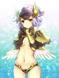 Rule 34 | 1girl, armor, bikini armor, black armor, black gloves, breasts, brown eyes, character request, closed mouth, elbow gloves, feathered wings, gloves, hands up, headgear, heterochromia, kuroe (sugarberry), low wings, navel, own hands together, pauldrons, purple eyes, purple hair, shoulder armor, small breasts, solo, visor (armor), white wings, wings, wonderland wars