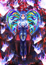 Rule 34 | 1girl, bare shoulders, blue dress, blue eyes, blue fire, blue hair, chair, cross-laced clothes, crying, dress, fairy, fingerless gloves, fire, flower, full body, gloves, glowing, hair flower, hair ornament, hairband, highres, holding, magic, matching hair/eyes, original, shingo (picturepuzzle), sitting, smile, solo, streaming tears, tears