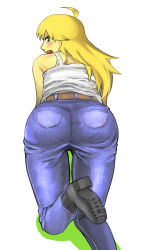 Rule 34 | 1girl, ass, bare shoulders, blonde hair, blush, boots, denim, from behind, green eyes, highres, hoshii miki, idolmaster, idolmaster (classic), jeans, long hair, looking back, open mouth, pants, pantylines, solo